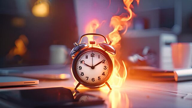 burning alarm clock on desk at modern office, a symbol of time pressure, deadlines or deadline stress from work. Ai Footage.