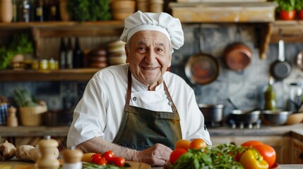 A senior chef hosting a cooking show, inspiring viewers with recipes gathered from a lifetime