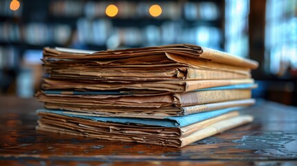 A stack of worn vintage newspapers on a rustic wooden table with a blurred bookshelf background, giving a sense of historical narrative and timeless knowledge contained within the pages