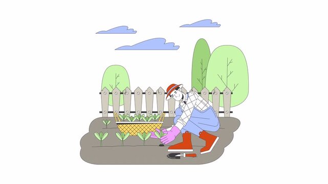 Farmer man planting seedlings line cartoon animation. Agriculture activity outdoors 4K video motion graphic. Korean male vegetable gardener 2D linear animated character isolated on white background