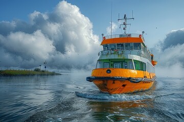 A striking image of a vibrant orange and white ferry cutting through calm waters with a picturesque background of dramatic clouds and mist