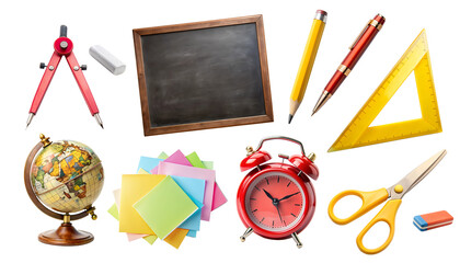 Back to School PNG Set. Collection with school elements isolated on white transparent background, png clipart. School stationery - alarm clocks, word globe and school board