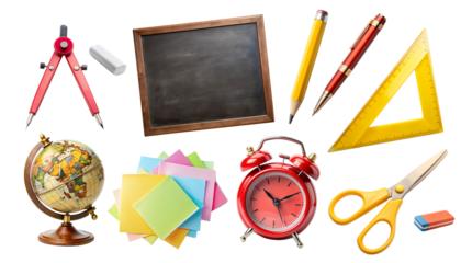 Back to School PNG Set. Collection with school elements isolated on white transparent background, png clipart. School stationery - alarm clocks, word globe and school board