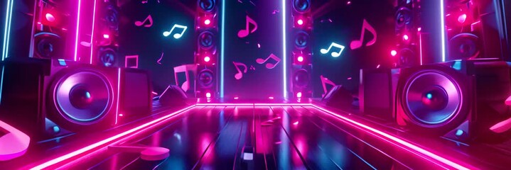 A neon sign with a lot of music notes on it. The sign is in a dark room with a lot of lights.