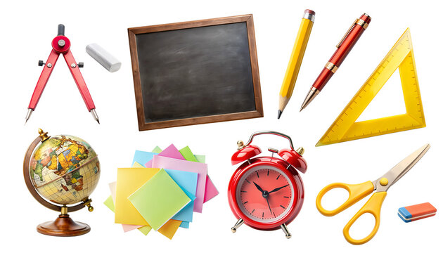 Back to School PNG Set. Collection with school elements isolated on white transparent background, png clipart. School stationery - alarm clocks, word globe and school board