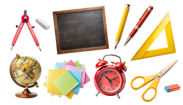 Back to School PNG Set. Collection with school elements isolated on white transparent background, png clipart. School stationery - alarm clocks, word globe and school board