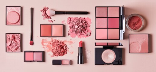 Pink Makeup Palette with Brushes and Lipstick
