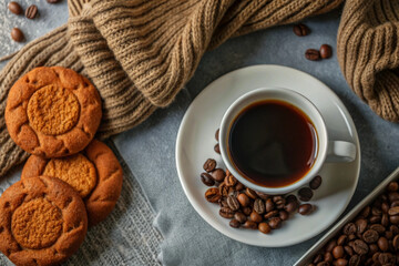 Flat Lay Coffee and Cookie Scene, White Cup, Cozy Setup, Elegant Coffee and Cookie Flat Lay, White Cup, Cozy Setting, Romantic Coffee Scene, Soft Lighting, Cozy Decor