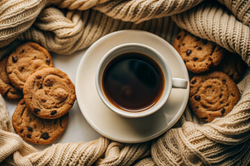 Flat Lay Coffee and Cookie Scene, White Cup, Cozy Setup, Elegant Coffee and Cookie Flat Lay, White Cup, Cozy Setting, Romantic Coffee Scene, Soft Lighting, Cozy Decor