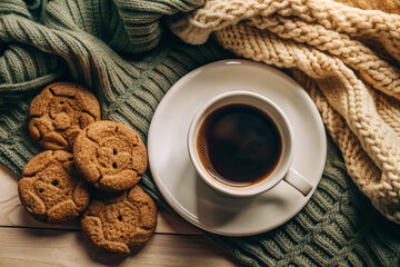 Flat Lay Coffee and Cookie Scene, White Cup, Cozy Setup, Elegant Coffee and Cookie Flat Lay, White Cup, Cozy Setting, Romantic Coffee Scene, Soft Lighting, Cozy Decor