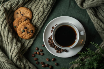 Flat Lay Coffee and Cookie Scene, White Cup, Cozy Setup, Elegant Coffee and Cookie Flat Lay, White Cup, Cozy Setting, Romantic Coffee Scene, Soft Lighting, Cozy Decor