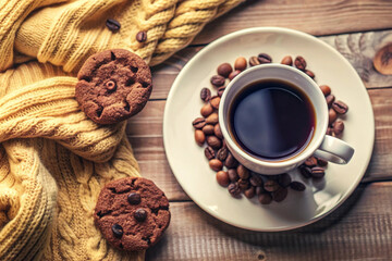 Flat Lay Coffee and Cookie Scene, White Cup, Cozy Setup, Elegant Coffee and Cookie Flat Lay, White Cup, Cozy Setting, Romantic Coffee Scene, Soft Lighting, Cozy Decor