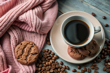 Flat Lay Coffee and Cookie Scene, White Cup, Cozy Setup, Elegant Coffee and Cookie Flat Lay, White Cup, Cozy Setting, Romantic Coffee Scene, Soft Lighting, Cozy Decor
