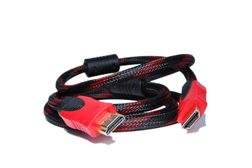 Fototapeta premium Red HDMI cable with two plugs on a white background
