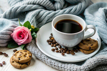 Flat Lay Coffee and Cookie Scene, White Cup, Cozy Setup, Elegant Coffee and Cookie Flat Lay, White Cup, Cozy Setting, Romantic Coffee Scene, Soft Lighting, Cozy Decor