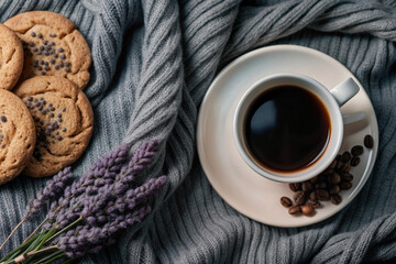 Flat Lay Coffee and Cookie Scene, White Cup, Cozy Setup, Elegant Coffee and Cookie Flat Lay, White Cup, Cozy Setting, Romantic Coffee Scene, Soft Lighting, Cozy Decor