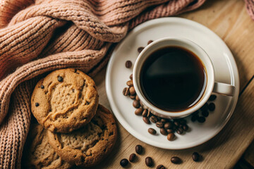 Flat Lay Coffee and Cookie Scene, White Cup, Cozy Setup, Elegant Coffee and Cookie Flat Lay, White Cup, Cozy Setting, Romantic Coffee Scene, Soft Lighting, Cozy Decor