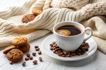 Flat Lay Coffee and Cookie Scene, White Cup, Cozy Setup, Elegant Coffee and Cookie Flat Lay, White Cup, Cozy Setting, Romantic Coffee Scene, Soft Lighting, Cozy Decor