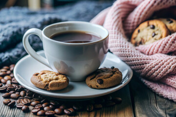 Flat Lay Coffee and Cookie Scene, White Cup, Cozy Setup, Elegant Coffee and Cookie Flat Lay, White Cup, Cozy Setting, Romantic Coffee Scene, Soft Lighting, Cozy Decor