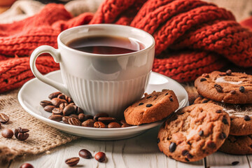 Flat Lay Coffee and Cookie Scene, White Cup, Cozy Setup, Elegant Coffee and Cookie Flat Lay, White Cup, Cozy Setting, Romantic Coffee Scene, Soft Lighting, Cozy Decor