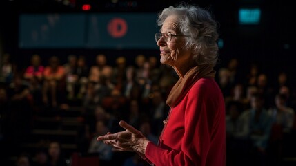 A senior giving a TED talk, sharing insightful life lessons and inspiring a wide audience