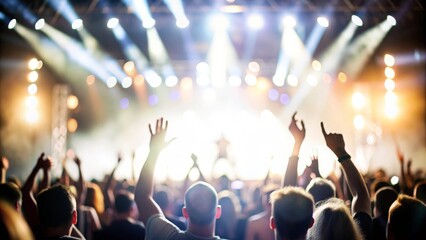 Concert Audience with Spotlights - A crowd at a concert, illuminated by spotlights and surrounded by a blurred background.
