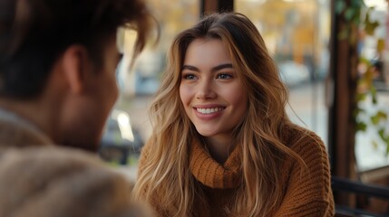 Fototapeta premium Pretty happy european lady with male companion in cafe image. Caucasian female with loose hair dating man photography scene wallpaper. Lifestyle concept photorealistic photo