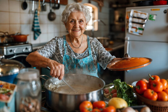 Cheerful elderly woman cooking homemade meal in cozy kitchen, stirring pot while surrounded by fresh vegetables, embodying active aging and culinary passion