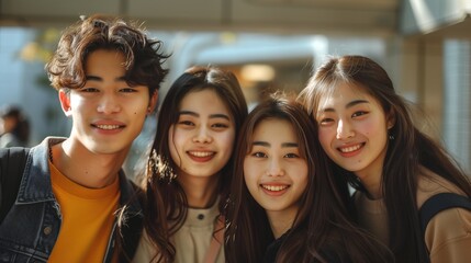 Fototapeta premium Happy asian man with pretty females friends portrait image. Positive japanese students group picture photorealistic photography. Friendship lifestyle concept photo realistic