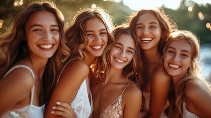 Fototapeta premium Beautiful happy caucasian women at bright sunlight portrait image. European female friends on summer vacation picture photorealistic photography. Friendship concept photo realistic