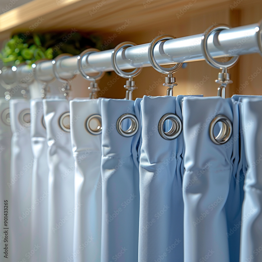 Poster a row of curtains with a blue curtain in the middle