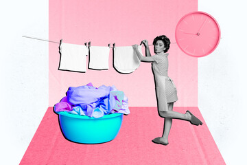 Creative collage picture young houseworker hanging clothers bunch laundry tidiness cleanup time oclock limit hour schedule regime