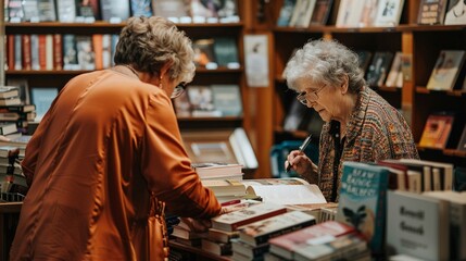 A senior author signing books at a local bookstore, inspiring fans with stories from their life