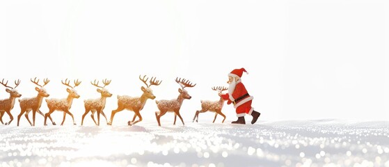 Naklejka premium Santa Claus leading a team of reindeer through a snowy landscape during Christmas. Festive scene with bright, snowy background.