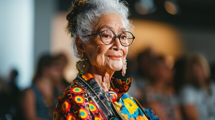 An older adult participating in a fashion show, modeling clothes that challenge age stereotypes