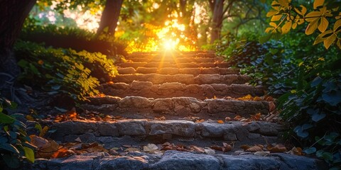Sunlight filtering through dense foliage illuminating a rustic stone staircase in a lush green forest during a serene evening