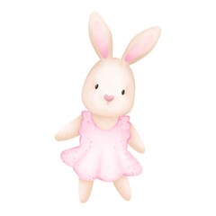Background  cute bunny. Hand drawn baby  bunny.  Watercolor rabbit illustration isolated on white background.Decor for children.