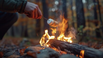 Tourist hand holding skewer with marshmallow over bonfire image. Man roasting sweets on open fire photography scene wallpaper. Camping in wild nature concept photorealistic photo
