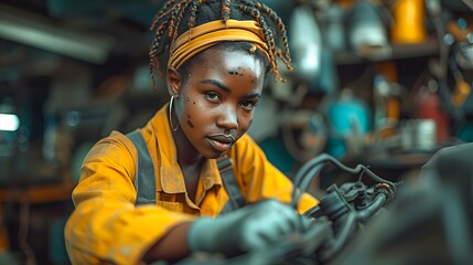 A focused mechanic in a yellow jumpsuit works intently on an engine in a cluttered workshop, conveying dedication and skilled labor, ideal for use in automotive, engineering, or DIY-themed projects,