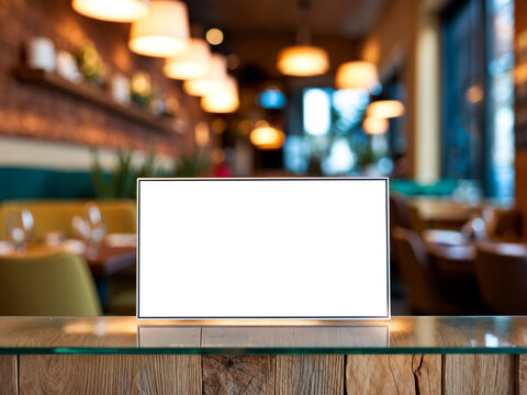 Blank white sign on counter in restaurant or cafe , Restaurant business concept , AI Generated