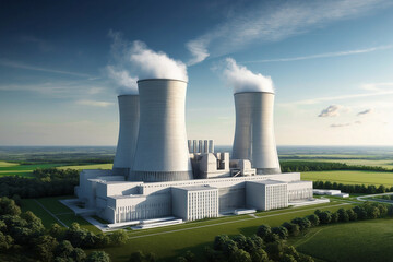 Obraz premium An aerial view of a nuclear power plant in the middle of nature with the sky in the background , AI Generated