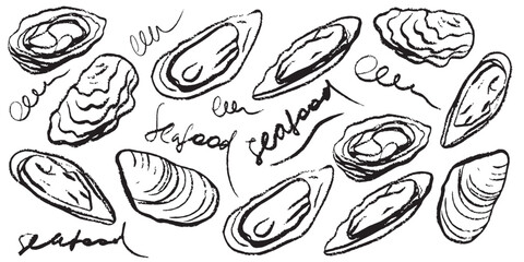 Isolated vector set of seafood. Mussels. Oysters. Hand drawn seafood delicacy, restaurant and marine cafe menu. Design template.	