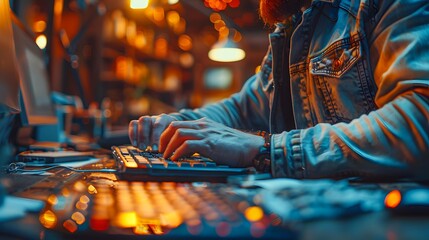 Naklejka premium A person typing on a keyboard in a warm, dimly-lit workspace filled with electronic devices, suitable for themes like late-night work, software development, or creative design projects,