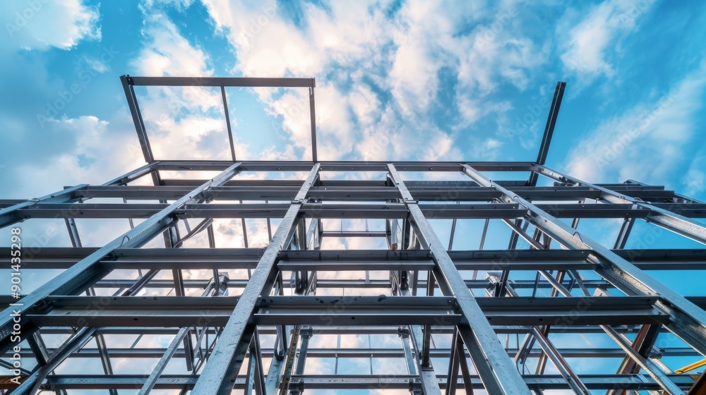 Poster a large building with a lot of steel beams and a cloudy sky in the background