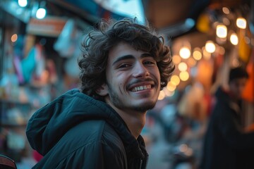Obraz premium A happy young man with curly hair smiling in a lively street market at dusk