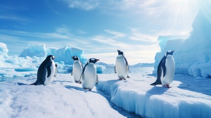 View of the emperor penguin rookery against the icebergs. Neural network ai generated art