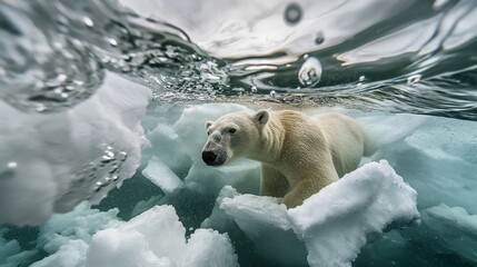 Obraz premium polar bear swimming through icy waters with large chunks of floating ice