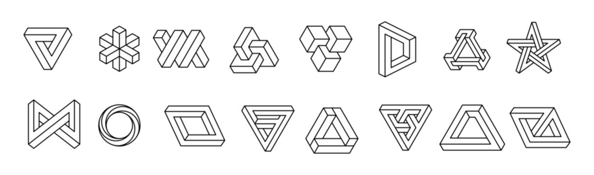 Impossible shapes line collection. Optical illusion geometric set. Looped unreal forms. Black and white abstract infinite symbols.