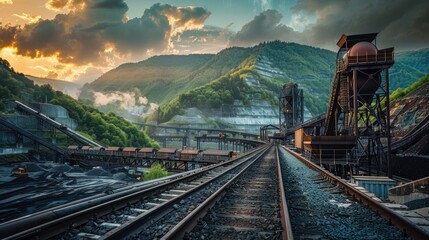 Industrial mining scene with conveyor belts, evening light, and green mountains in the background, creating a dramatic effect