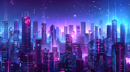 Vector illustration urban architecture, cityscape with space and neon light effect. Modern hi-tech, science, futuristic technology concept. Generative Ai.